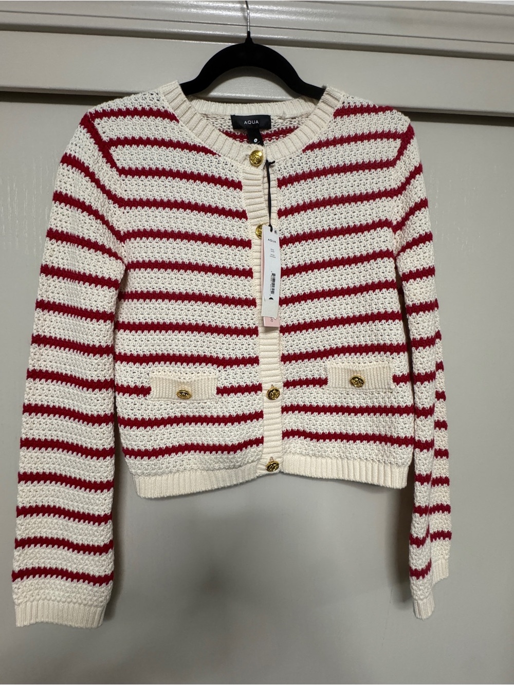 Aqua Red and Cream Striped Cropped Cardigan with Gold Buttons